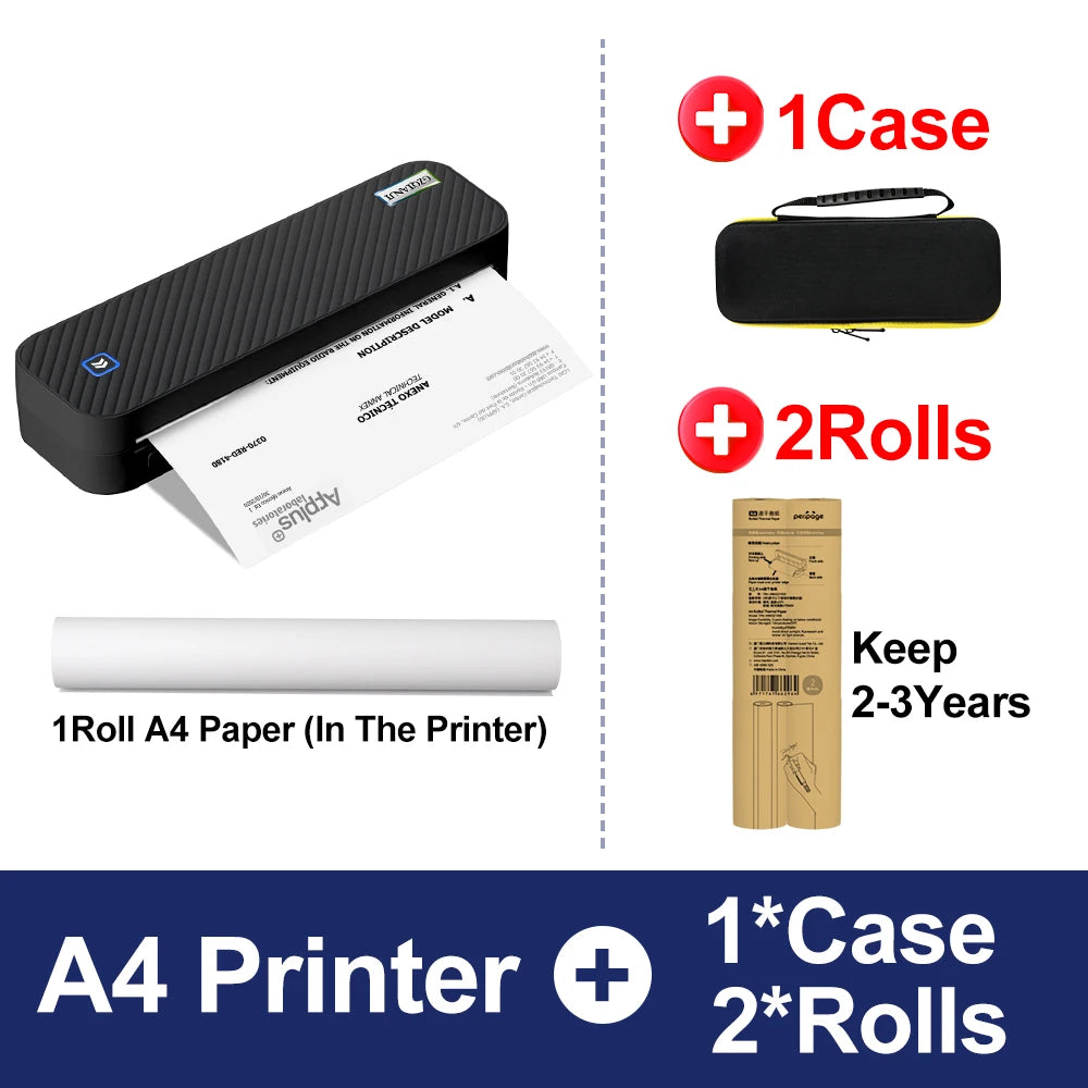Inkless Portable A4 Thermal Printer &ndash; Bluetooth Printing BK add 1case 2rolls