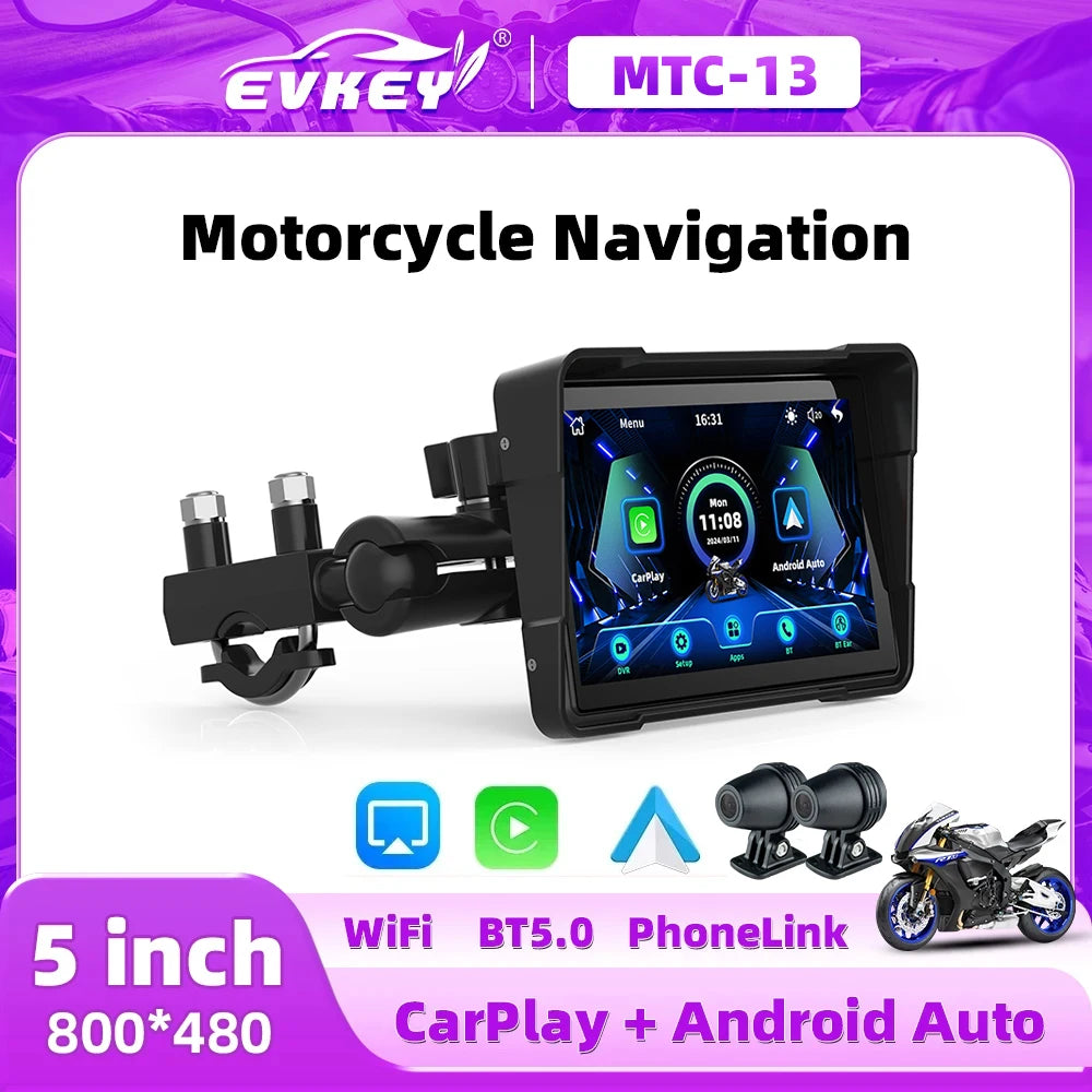 EVKEY 5.0inch Navigation Motorcycle Dual TB Carplay Display Screen &ndash; Wireless CarPlay and Android Auto Support