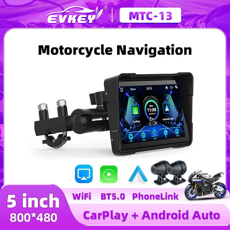 EVKEY 5.0inch Navigation Motorcycle Dual TB Carplay Display Screen &ndash; Wireless CarPlay and Android Auto Support