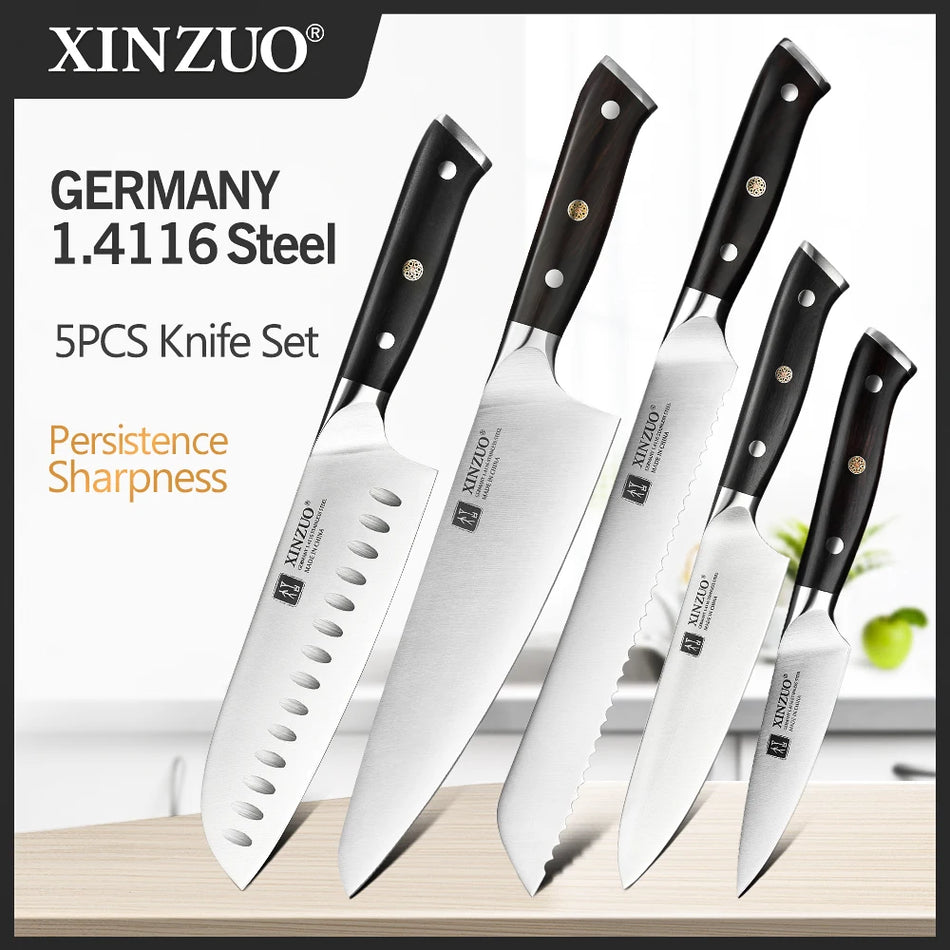 XINZUO 5-Piece German Steel Knife Set with Ebony Handle - Chef, Bread, Utility, Santoku &amp; Petty Knives