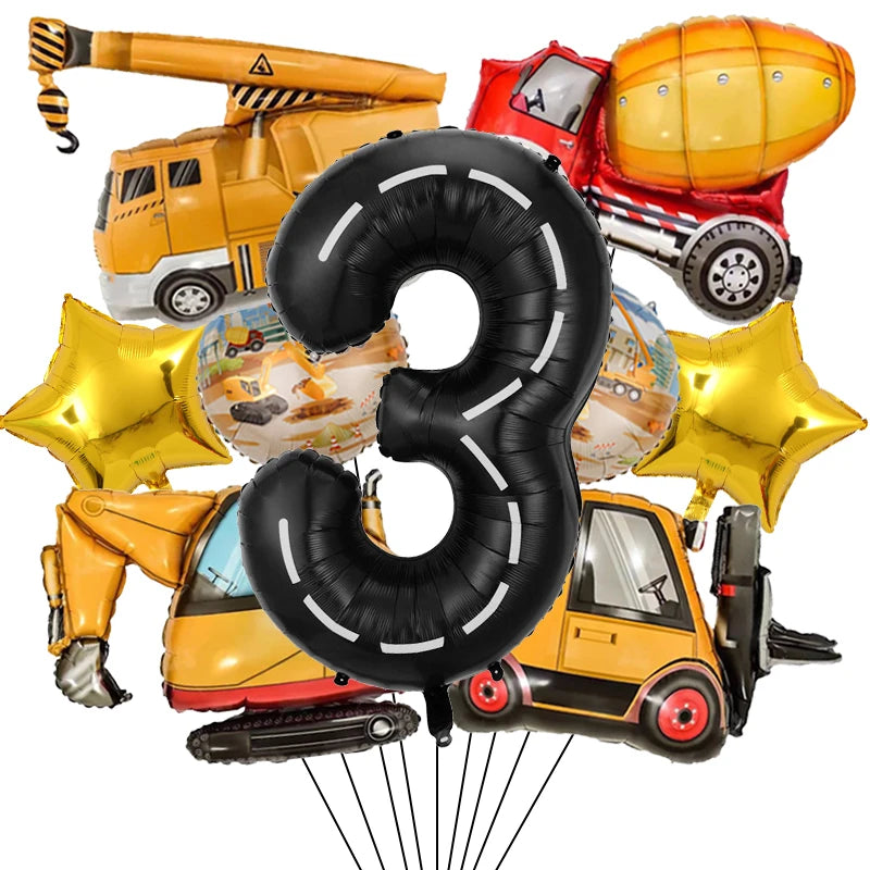 9Pcs/1Set Construction Vehicle Aluminum Film Balloon Excavator Crane 1-9 Digital Balloons Boys Birthday Party Decor Balloons Number3 set / Other