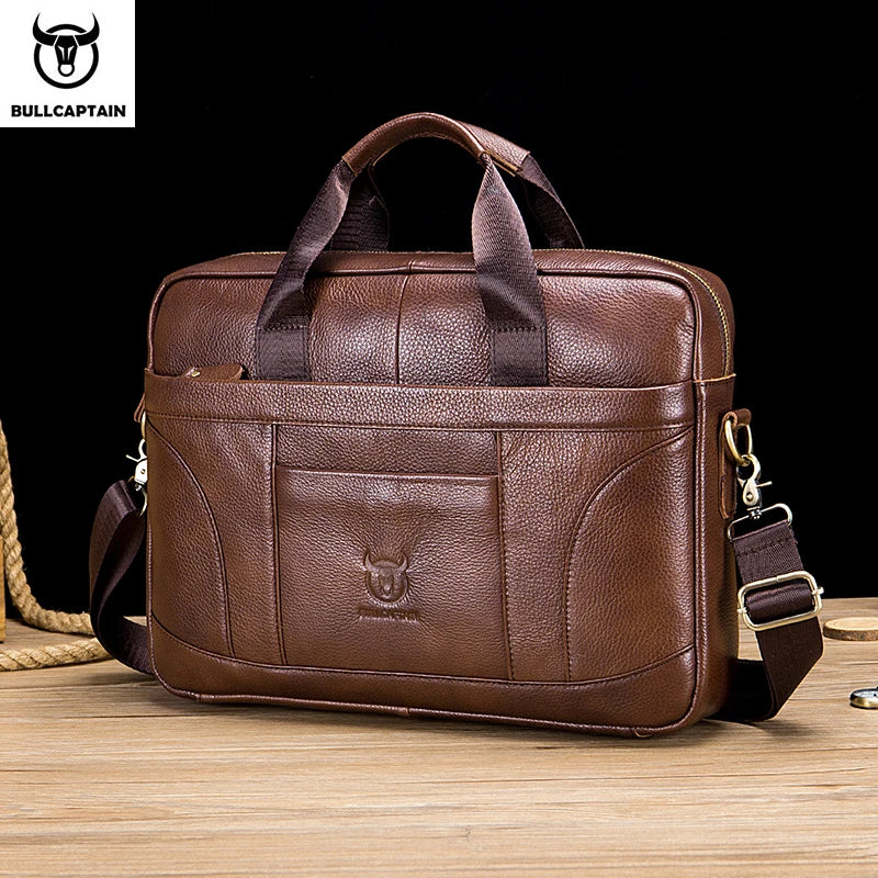 Cowhide Leather Briefcase With Detachable Strap For 14-Inch Laptop, Men's Professional Bag