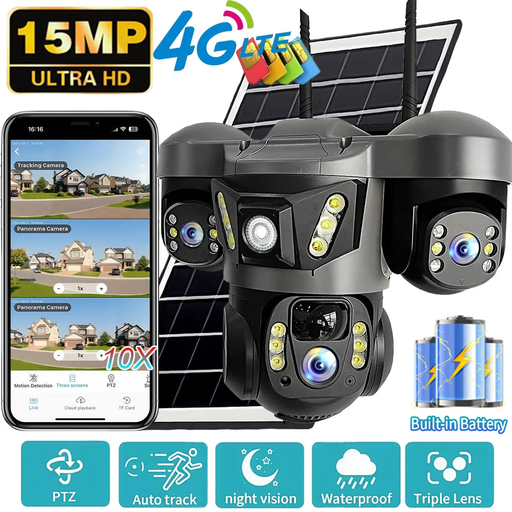 V380 15 MP Solar Camera Three Lens Two-Way Audio Outdoor IP66 Waterproof Built-in Battery Security CCTV 6K HD 4G Network Camera