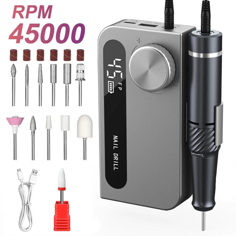 Portable Electric Nail Drill Pro &ndash; Long Battery Life and High Speed 45000RPM Gray A