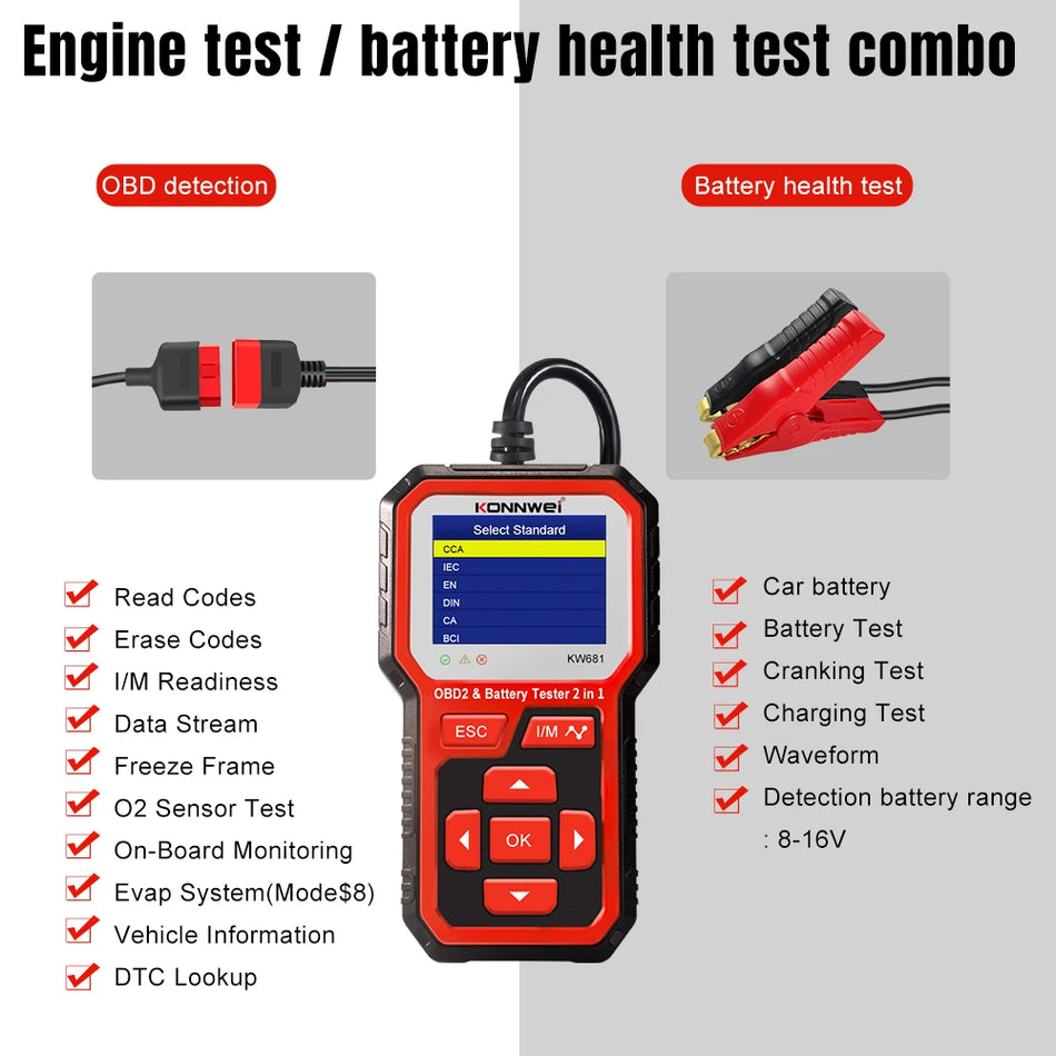 KONNWEI KW681 Bilbatteritestare 6V/12V Med OBD2 Diagnos 2 I 1