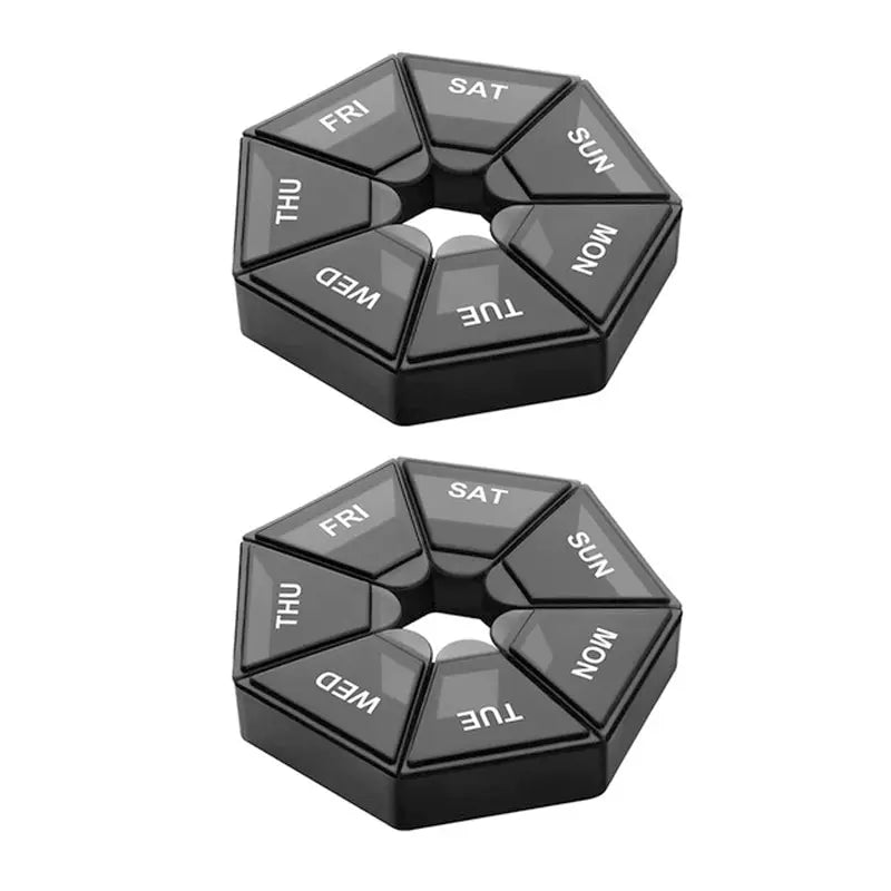 7-Day Compact Pill Organizer - Portable Travel Medicine Dispenser with 7 Compartments (2 Pack) Black 2pcs G733