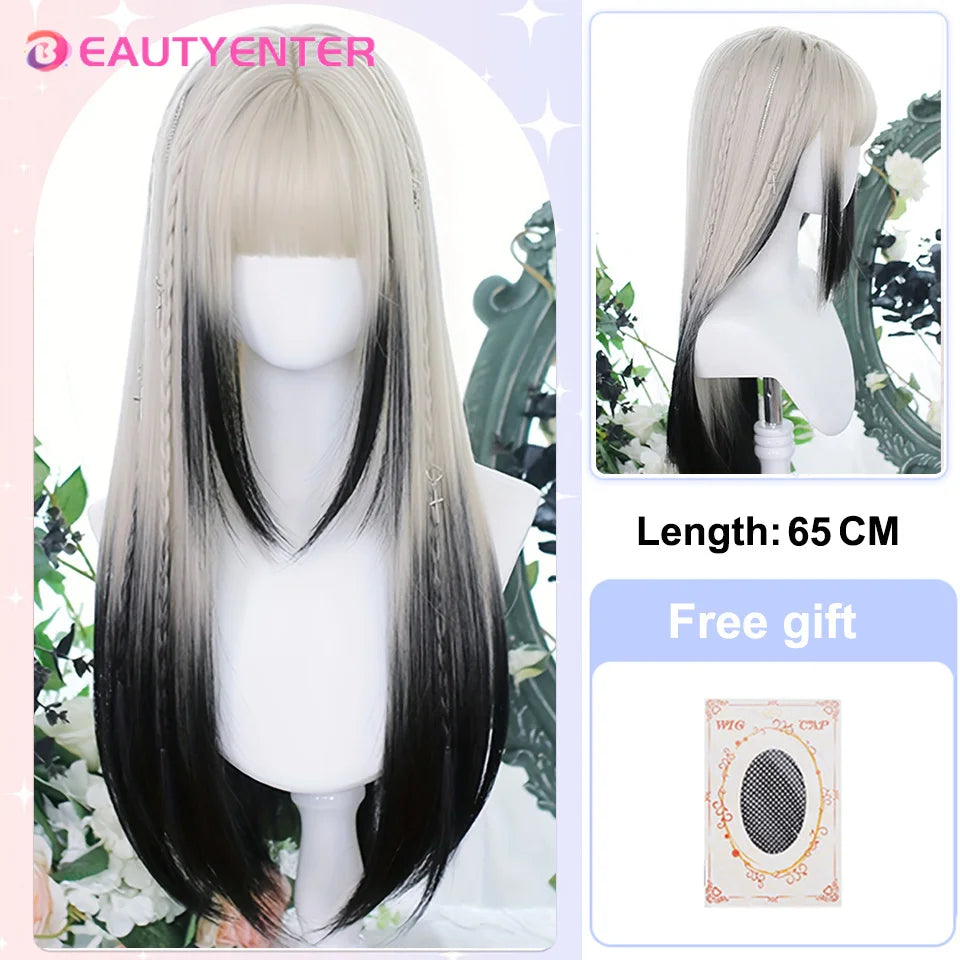 BeautyEnter Pink Long Straight Wig with Bangs for Cosplay and Daily Use FS1B/99J
