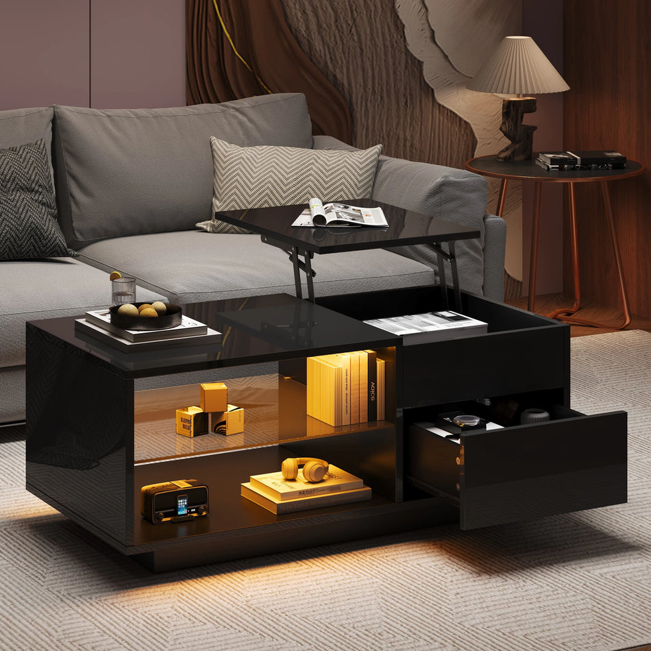 Mesa de café ajustable en altura con cajón LED en negro