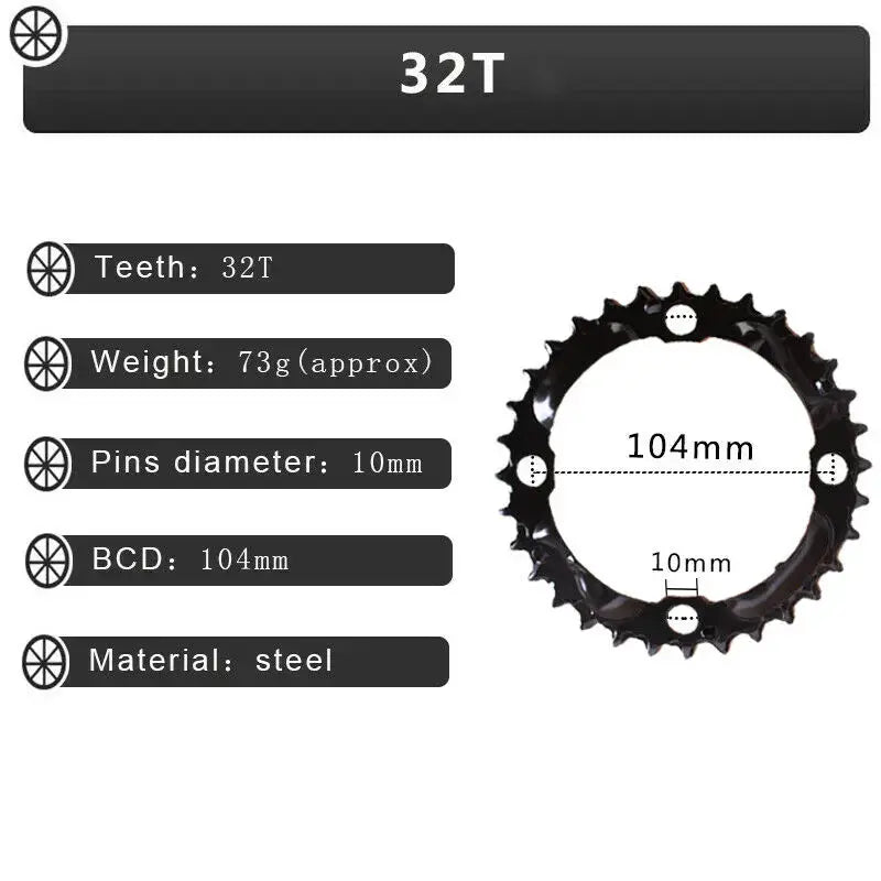 104/64 BCD Bicycle Chainring 24/26/32/38/42t MTB Chain Ring Double/Triple 10Speed Chainwheel for Shimano Crankset by InterCyprus Trading Ltd
