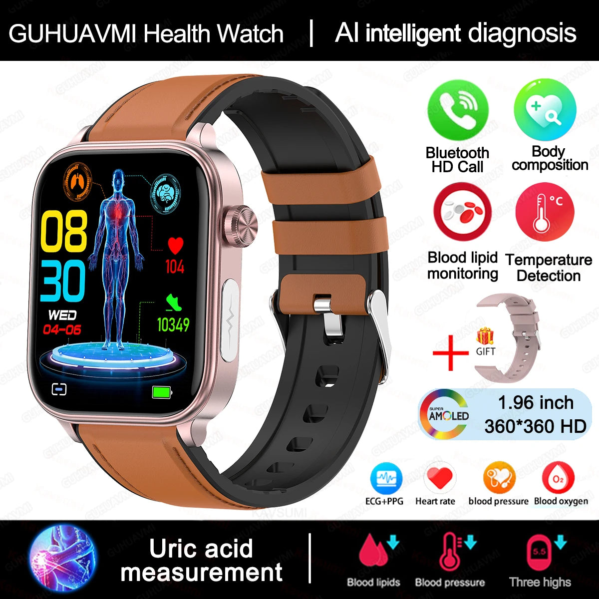 AI Diagnostic Detector Smart Watch &ndash; Comprehensive Health Tracking Brown-Leather / Health monitoring