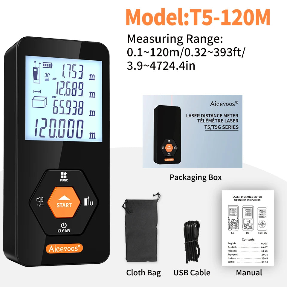 Aicevoos Rechargeable Digital Laser Rangefinder - Accurate Distance Meter up to 120M T5-120M(394ft)