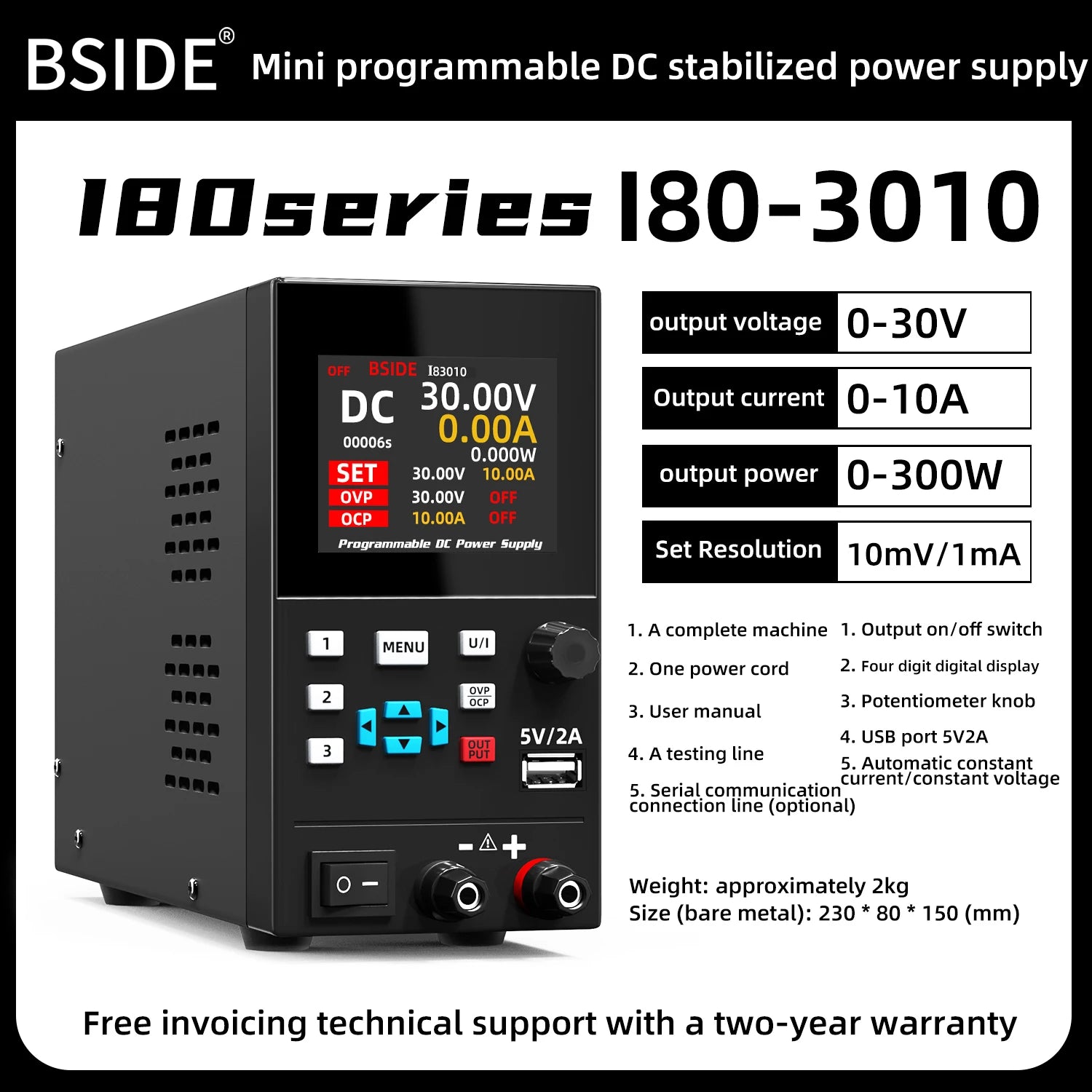 BSIDE DC Regulated Power Supply &ndash; Programmable Color Screen 30V 10A-EU Plug-220V / CHINA