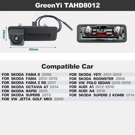 GreenYi AHD Dynamic Trajectory Trunk Handle Camera For VW Passat CC Golf Polo Jetta Cayenne Tiguan Skoda Octavia Fabia Yeti Audi by InterCyprus Trading Ltd