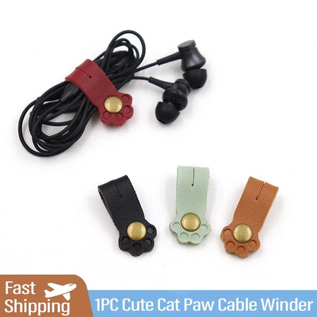 Cat Paw Pattern Cord Winder Leather Organizer - Portable