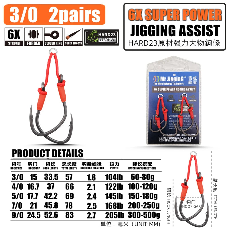 Mr JigginG 6X Heavy Jigging Twin Assist Hooks for Seafishing 3-0  2pairs