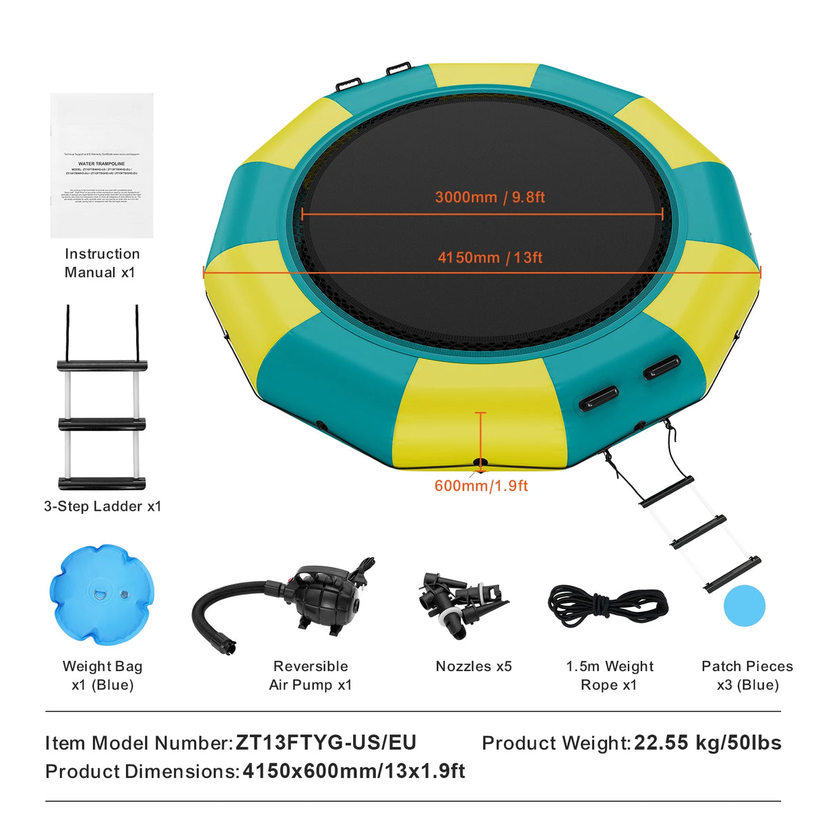 VEVOR 13ft Inflatable Water Bouncer &ndash; Portable Fun for All yellow and green / spain