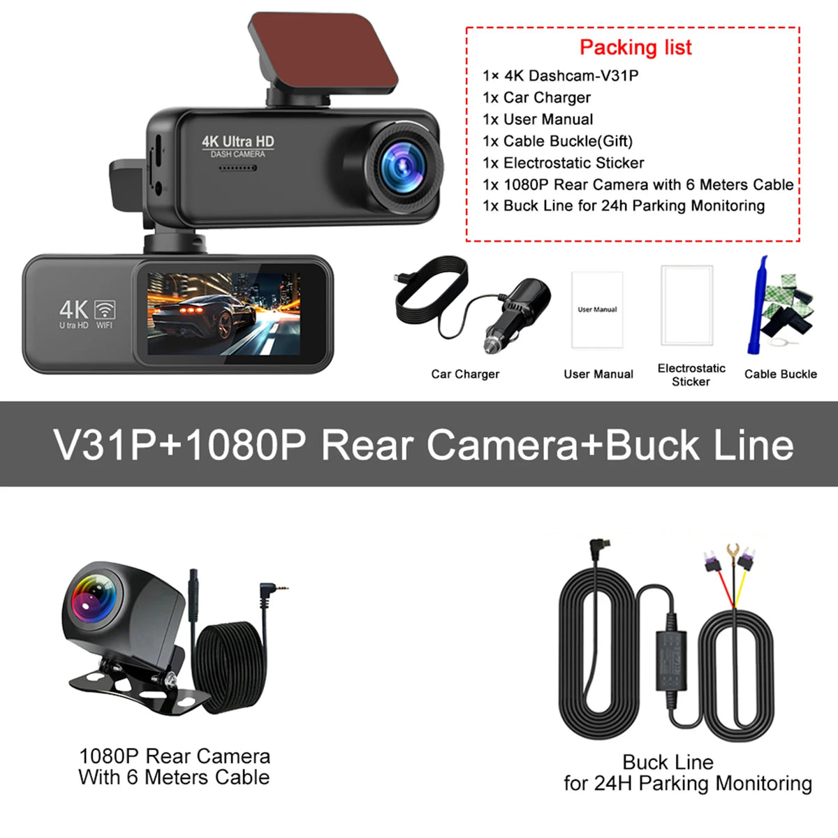 Kocam 4K Dash Cam Front and Rear &ndash; Dual Channel Night Vision Recording