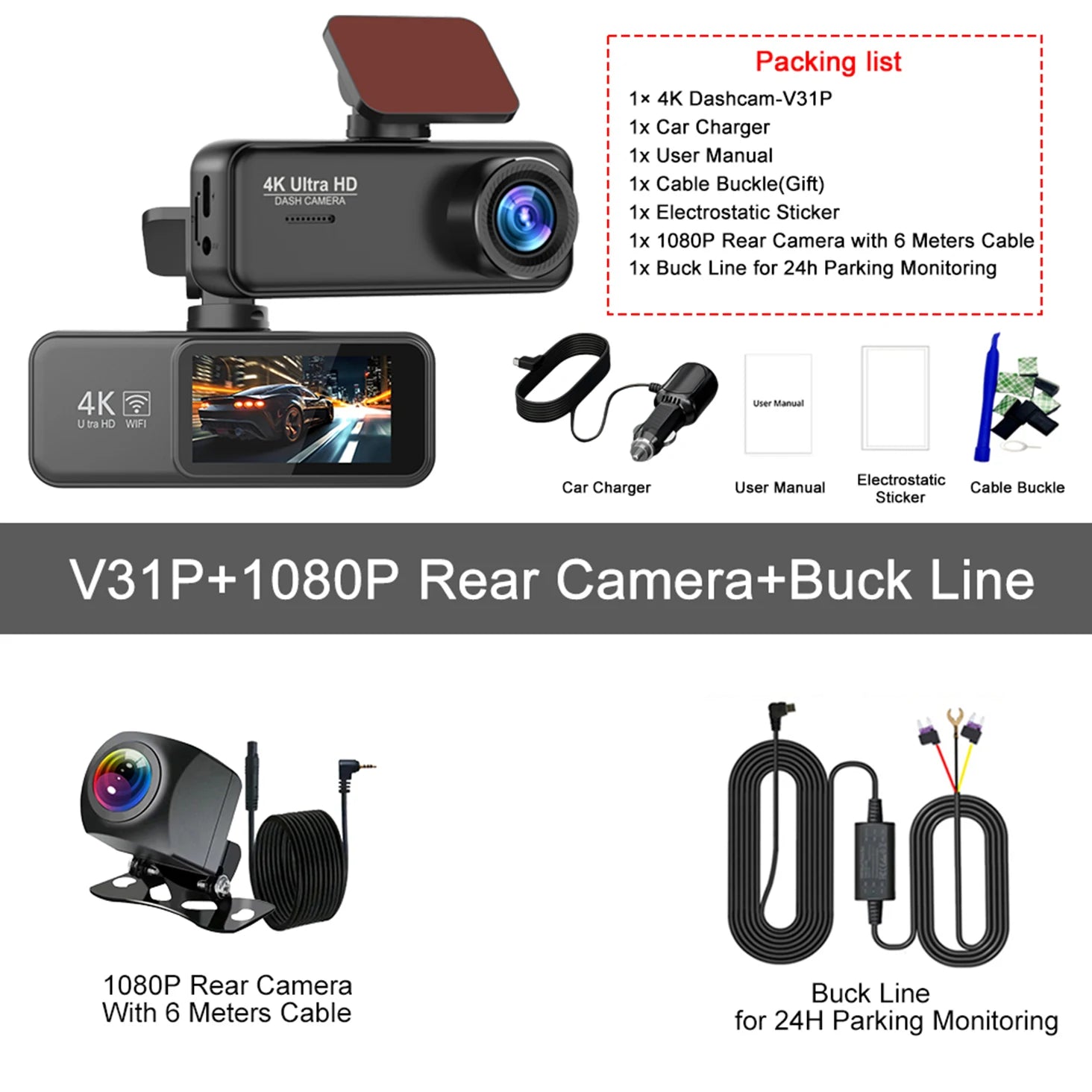 Kocam 4K Dash Cam Front and Rear &ndash; Dual Channel Night Vision Recording