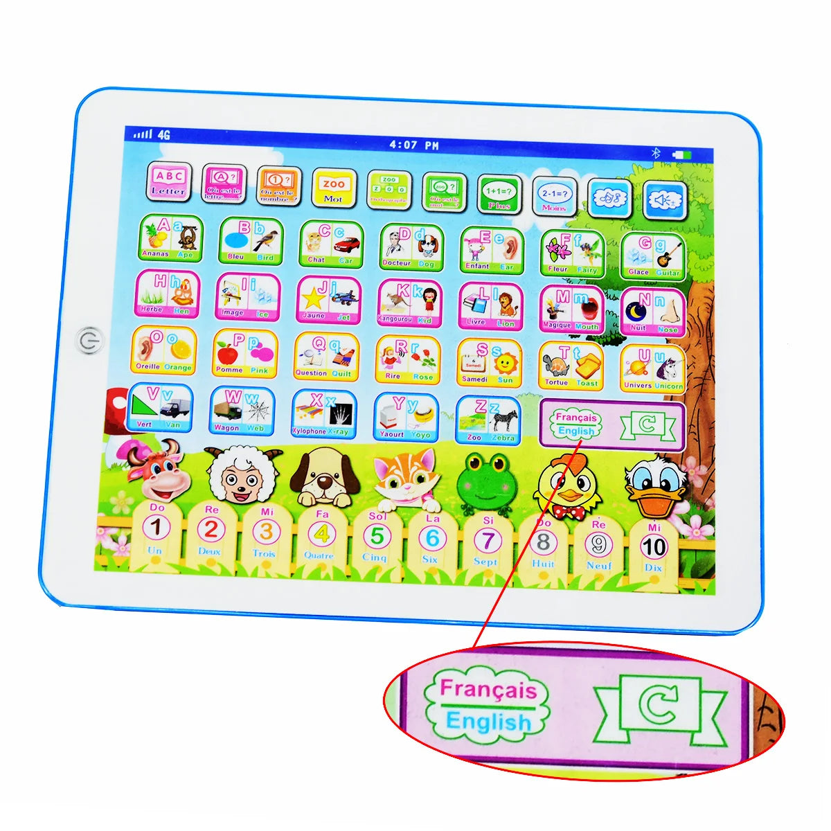 Bilingual French-English Educational Learning Tablet | Interactive Kids' Toy for Alphabets, Numbers, and Spelling Light Grey