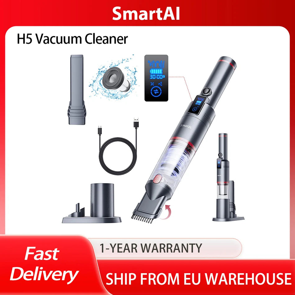 Handheld Cordless Vacuum Cleaner with 17KPa Suction, 145W Power, 30min Runtime, LED, 200mL Dust Bin, Pet Brush