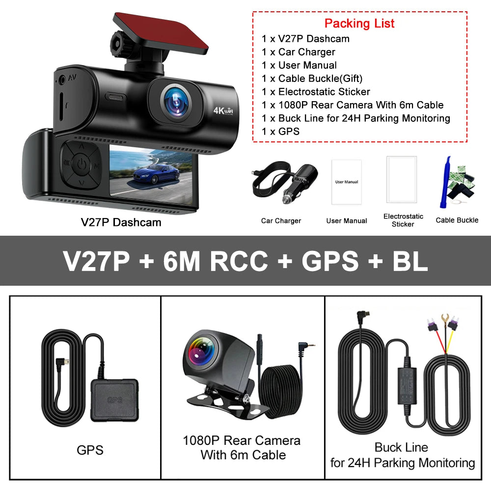 4K Dash Cam with GPS &amp; WiFi V27P-6M RCC-GPS-BL / 64G