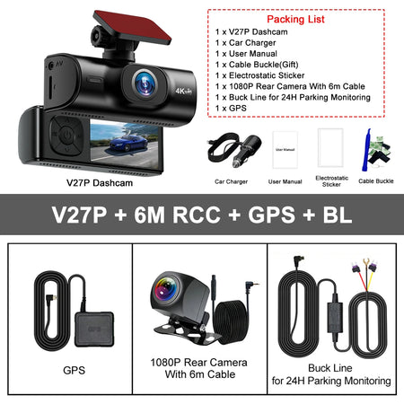 4K Dash Cam with GPS &amp; WiFi V27P-6M RCC-GPS-BL / 64G