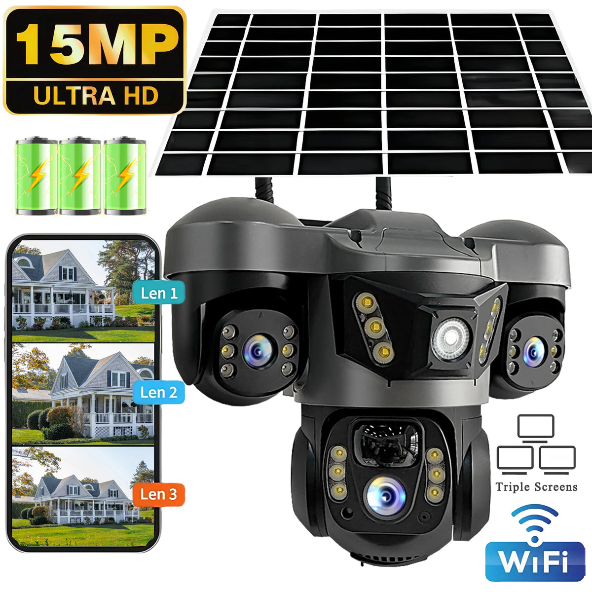 15MP WIFI Solar Camera &ndash; Triple Lens Waterproof Security