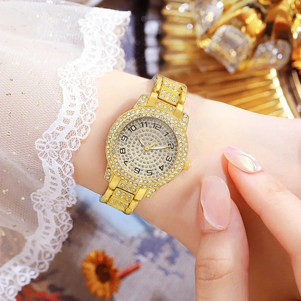 Elegant Gold Quartz Watch for Women with Diamond Accents