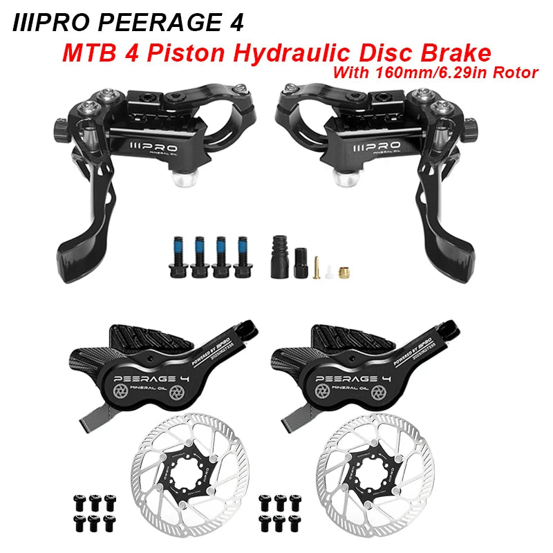 Set frâne hidraulice cu disc pentru MTB cu 4 pistoane, rotor plutitor A2 de 160mm, 6 șuruburi