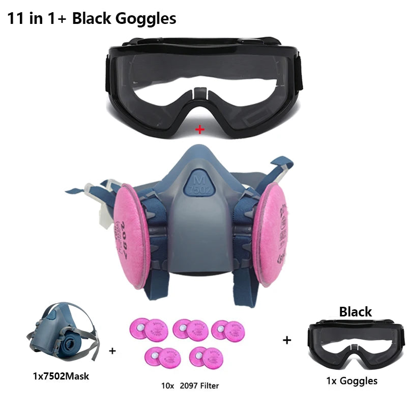 7502 Silicone Respirator Gas Mask Set &ndash; Goggles Included 11in1-Black Goggles