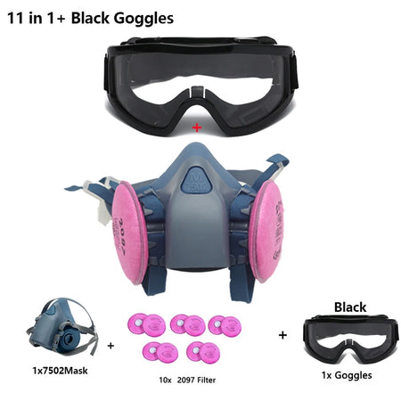 7502 Silicone Respirator Gas Mask Set &ndash; Goggles Included 11in1-Black Goggles