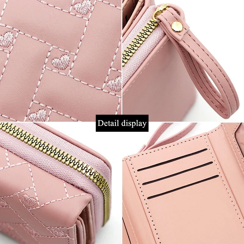 Korean Minimalist Embroidered Love Pattern Tri-Fold PU Wallet for Women