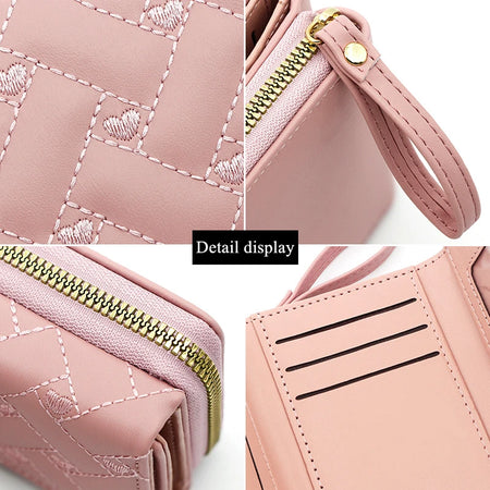 Korean Minimalist Embroidered Love Pattern Tri-Fold PU Wallet for Women