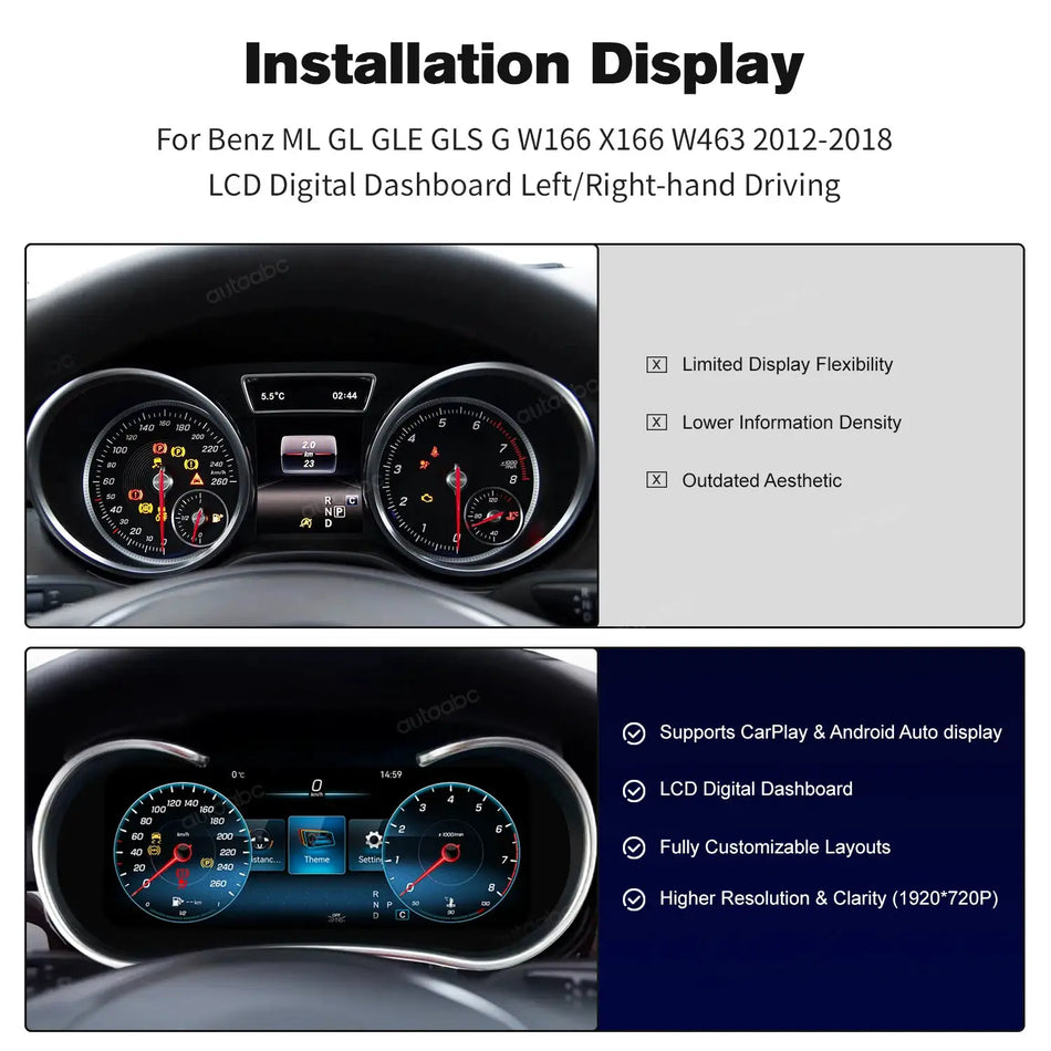 Cluster digital LCD de 10.25" cu Wireless CarPlay pentru Mercedes-Benz ML GLE W166 X166 W463