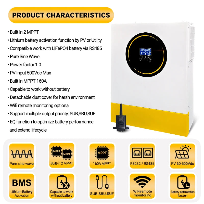 Aninerel 11KW Güneş Hibrit İnvertör MPPT 120A, Saf Sinüs Dalga, 500VDC PV Girişi ve WiFi Bağlantısı ile