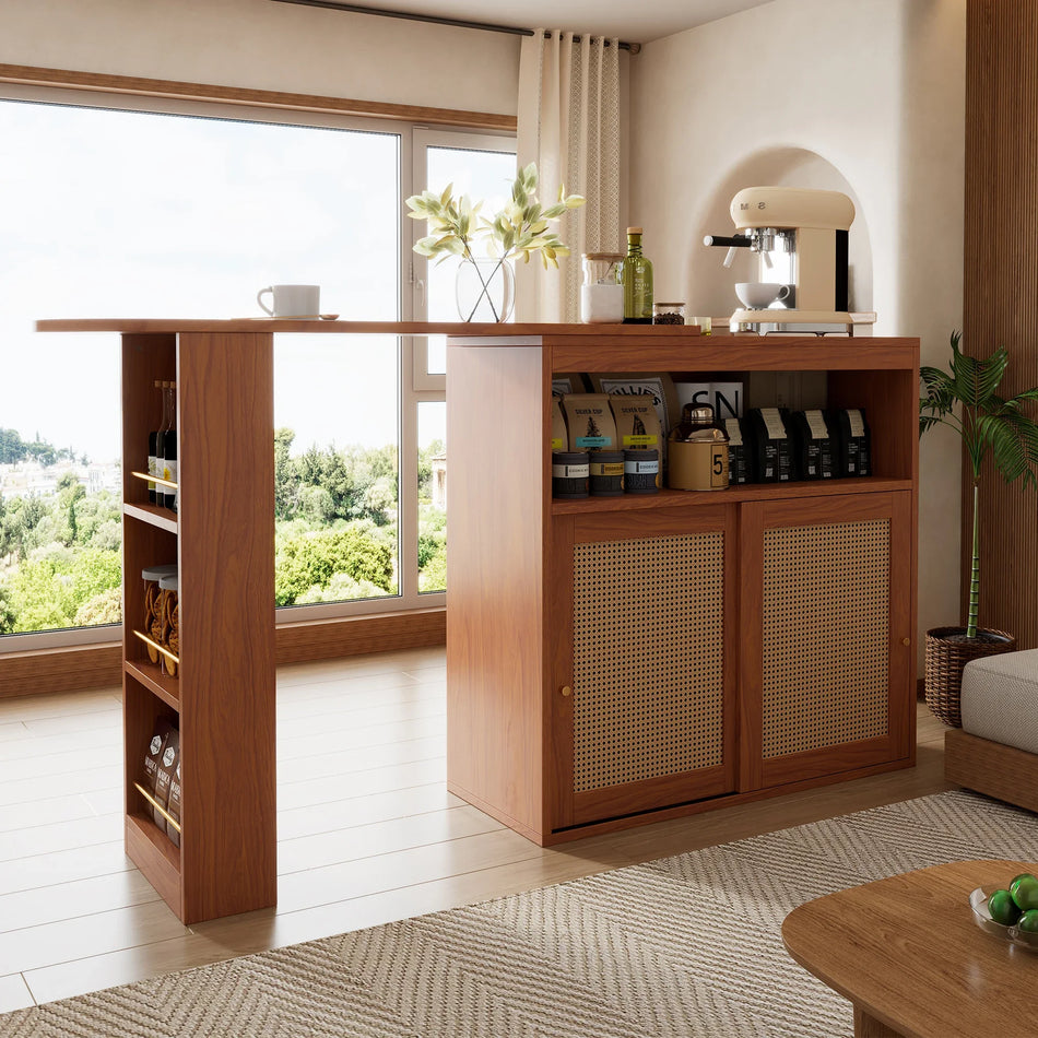 Extendable Bar Table with Adjustable Shelves Kitchen Island