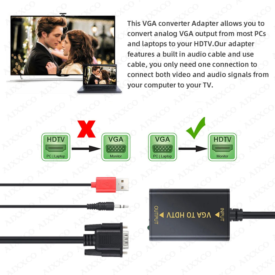 Portable VGA to HDMI-Compatible Converter with 1080P HD Output