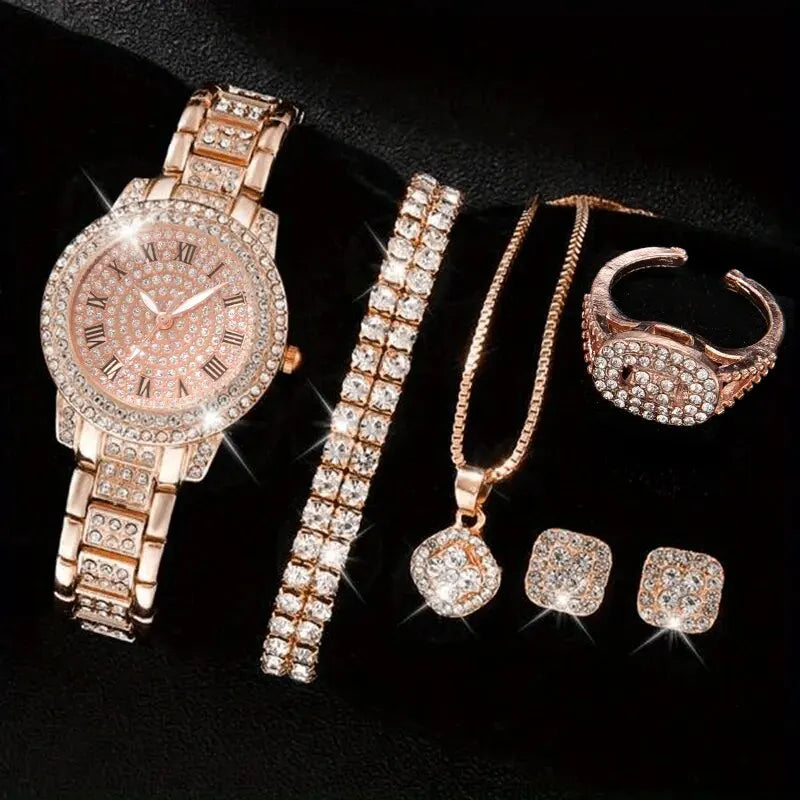 Elegant Alloy Crystal Wristwatches Set for Women &ndash; 6PCS 72208RGO-2H151-H183