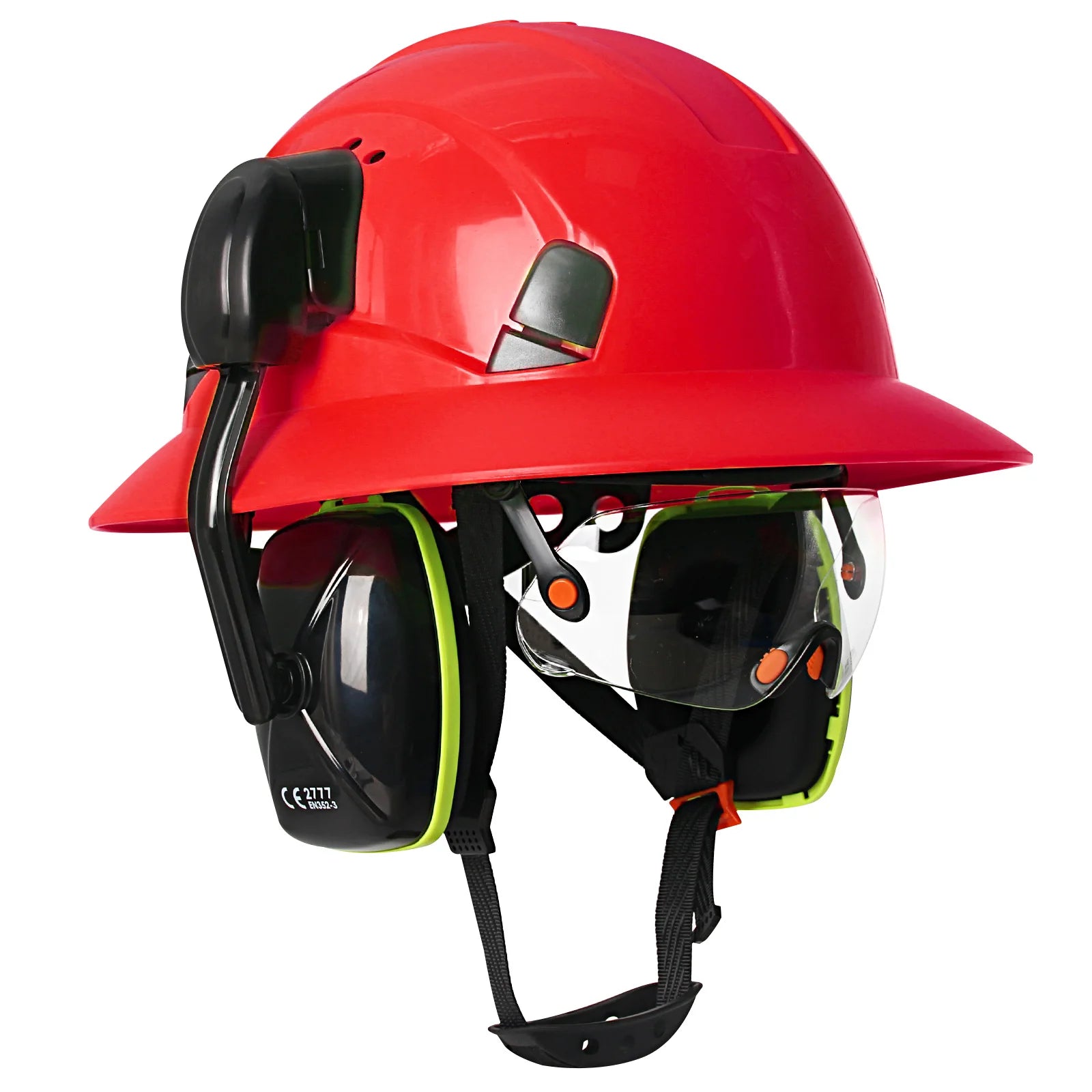 CE Full Brim Safety Helmet With Goggles &ndash; Built In Earmuffs Red Set