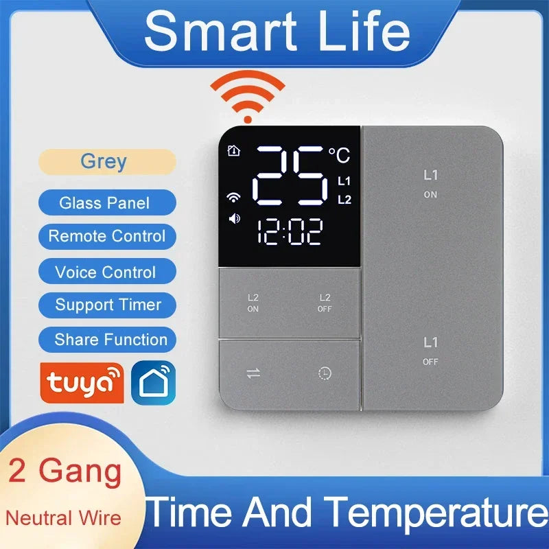 Tuya Smart Wifi Switch &ndash; Temp Time Display 100-250V 1G2G3G Grey Neutral 2Gang
