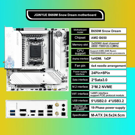 JGINYUE B650M Snow Dream AM5 DDR5 ARGB M-ATX &ndash; PCIe 4.0 X4 Motherboards