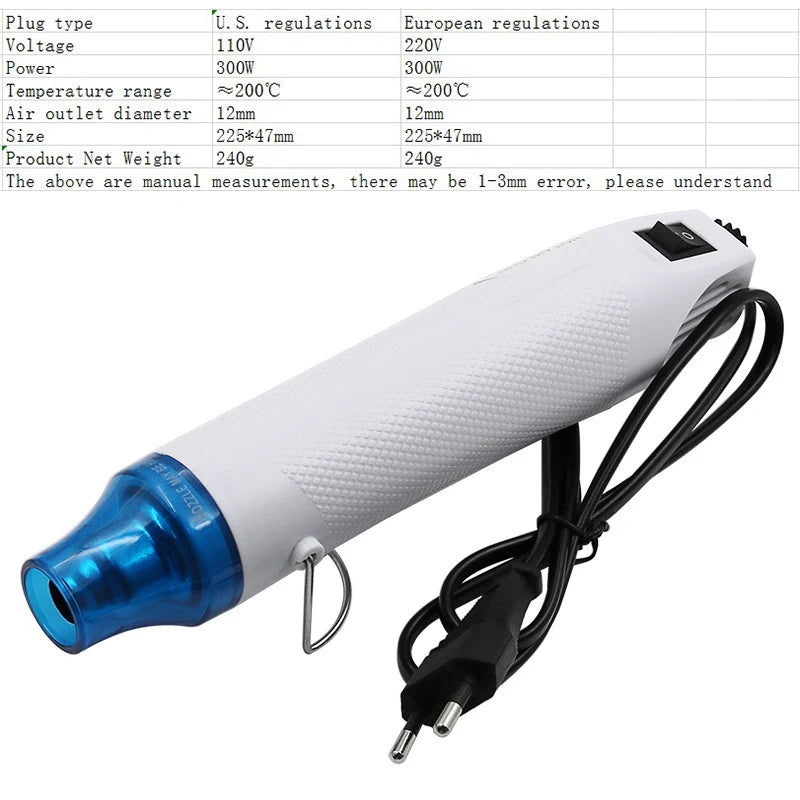 Hot Air Gun 300W 220V, Temperature Adjustable, Lightweight Handheld Heat Tool