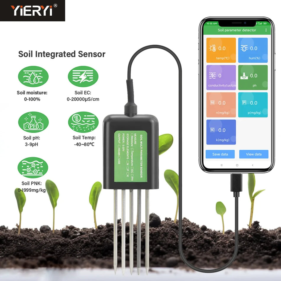 Yieryi Smart Soil Sensor 5-in-1 Με Υγρασία, pH, Θερμοκρασία, EC, NPK