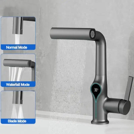 Waterfall Temperature Digital Display Basin Faucet Lift Up Down Stream Sprayer Hot Cold Water Sink Mixer Wash Tap For Bathroom