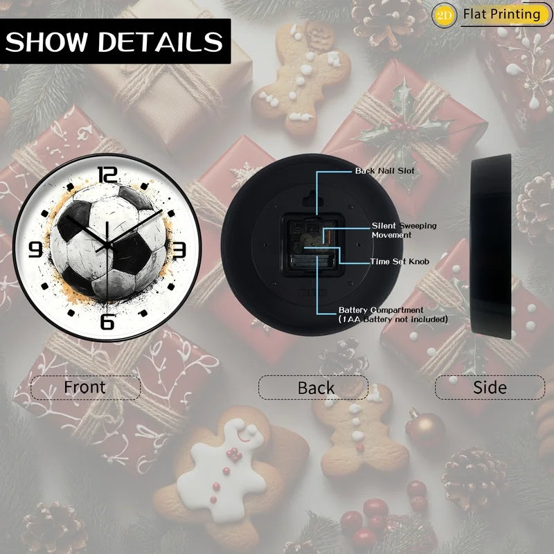 Безшумен стенен часовник топка за футбол, модерен 2D плосък дизайн за домашен декор, страхотен подарък за Нова година