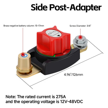 12-48V Car Isolator Disconnect Rotary Switch - 275A Battery Cutoff for Car, RV, Boat Side Post-Adapter