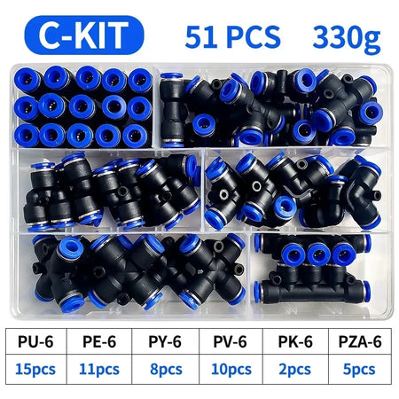 Boxed 51 PCs PU-6 Pneumatic Fitting Kit &ndash; Comprehensive 6mm Air Hose Connector Set C kit (51pcs) / 1 BOX