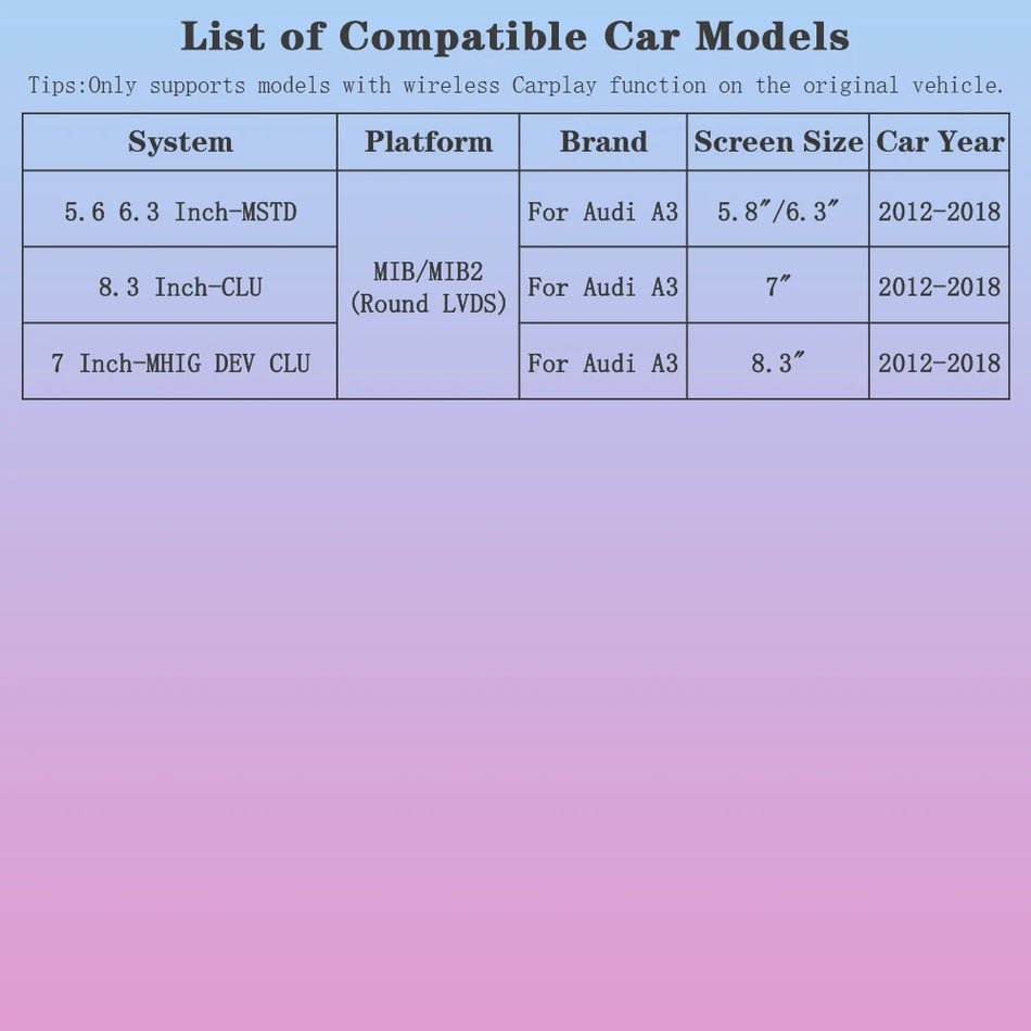 Autotop Trådlös CarPlay Android Auto För Audi A3 MIB