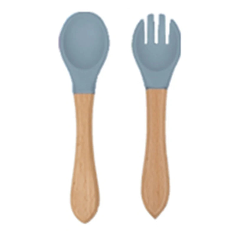 Soft Silicone Fork and Spoon Set for Babies Grayish blue-2Pcs