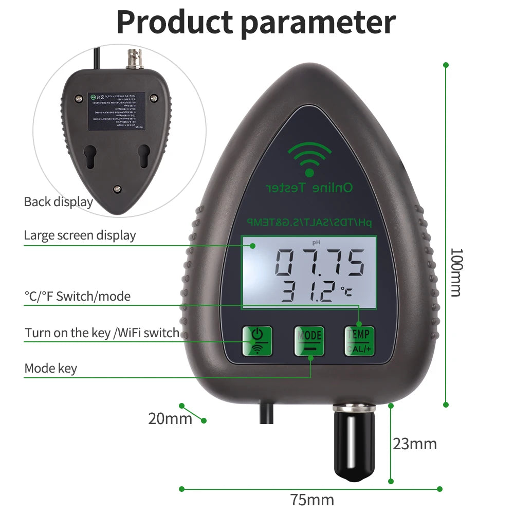 Tuya WiFi 5 In 1 TDS EC Salt SG Temp PH Meter &ndash; App Control
